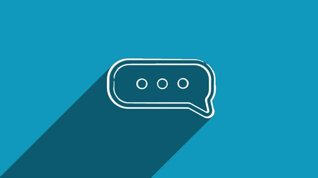White line chat, speech bubble icon with shadow isolated on blue background. Shadow reflection design. 4K video motion graphic animation.