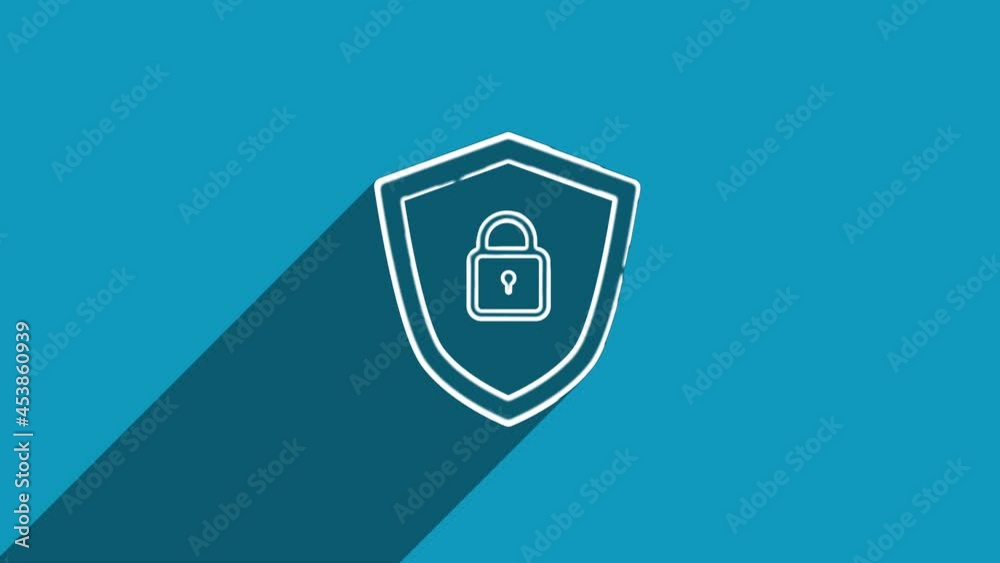 Poster White line shield security with lock icon with shadow isolated on blue background. Shadow reflection design. 4K video motion graphic animation.