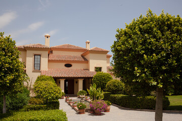 Potted plants in formal garden outside villa