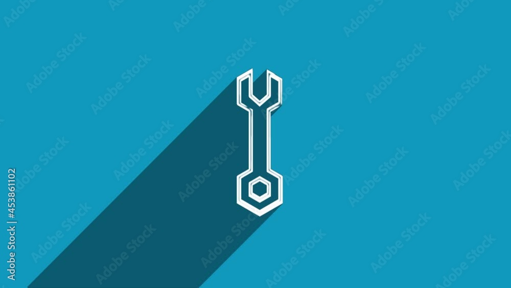 Poster White line wrench icon with shadow isolated on blue background. Shadow reflection design. 4K video motion graphic animation.