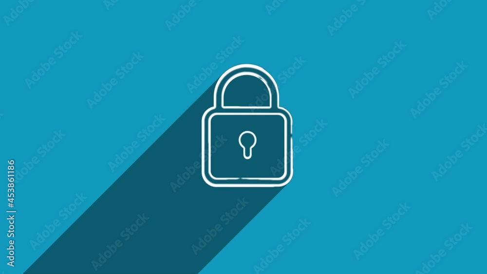 Poster white line padlock icon with shadow isolated on blue background. shadow reflection design. 4k video 