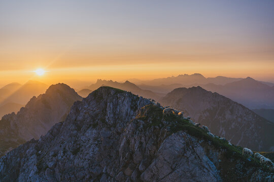 Sunrise in the mountains. View of the sunrise from the Stol,  Karawanken, Slovenia, Europe. Landscape of Karawanken mountain. Traveling concept. 