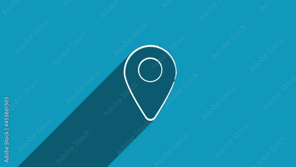 Poster White line GPS location pointer icon with shadow isolated on blue background. Shadow reflection design. 4K video motion graphic animation.