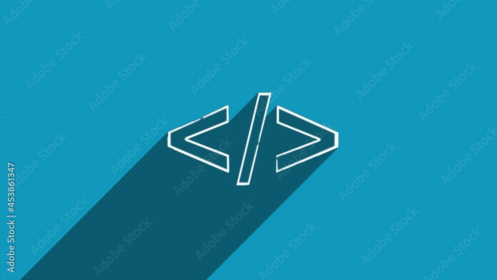Aufkleber White line coding code html programming language icon with shadow isolated on blue background. Shadow reflection design. 4K video motion graphic animation.
