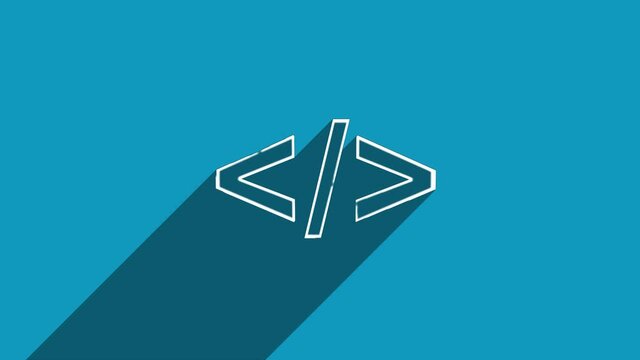 White line coding code html programming language icon with shadow isolated on blue background. Shadow reflection design. 4K video motion graphic animation.