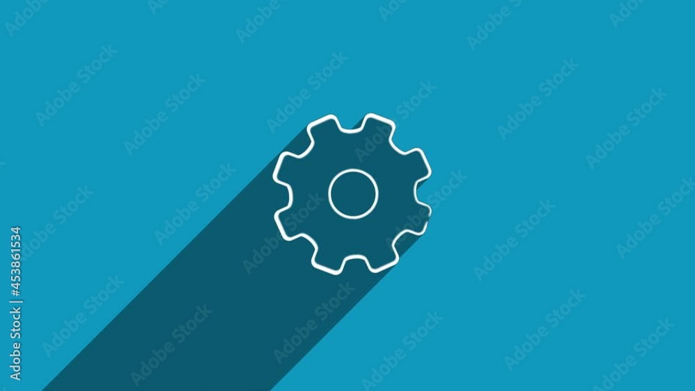 Poster White line gear wheel icon with shadow isolated on blue background. Shadow reflection design. 4K video motion graphic animation.