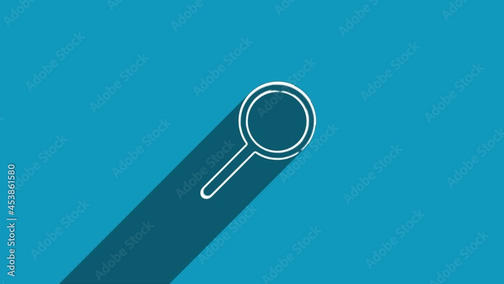 Poster white search line icon with shadow isolated on blue background. shadow reflection design. 4k video m