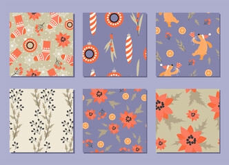 Fototapeta na wymiar Set of seamless patterns for Christmas and New Year with decorations, plants and dancing bears.