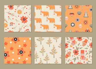 Set of seamless patterns for Christmas and New Year with decorations, plants, Christmas trees and bears.