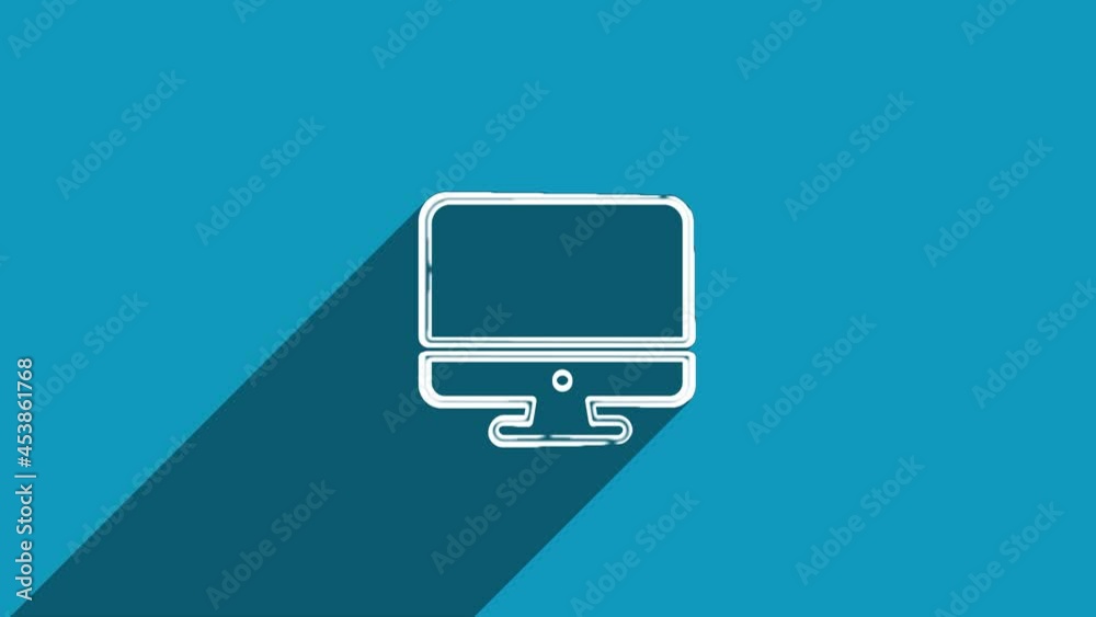 Fototapete White line computer monitor icon with shadow isolated on blue background. Shadow reflection design. 4K video motion graphic animation.