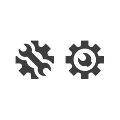Gear with wrench black vector icon. Cogwheel and spanner symbol.