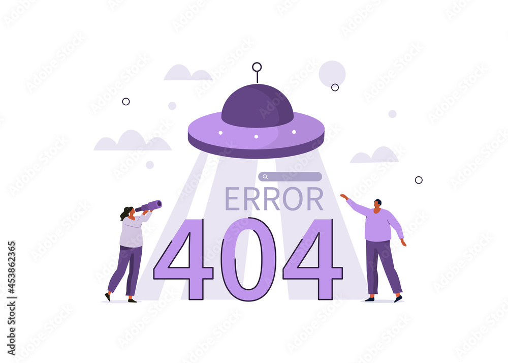 Wall mural characters looking at 404 error problem message. page not found concept. flat cartoon vector illustr
