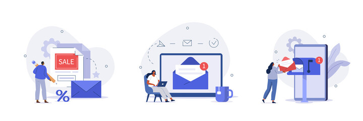 
E-mail marketing and promotion scenes. Characters sending advertising mails and promotional offers with sales and discounts. Ecommerce business concept. Flat cartoon vector illustration and icons set