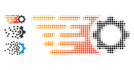 Obraz premium Halftone rush gear. Dotted rush gear made with small circle elements. Vector illustration of rush gear icon on a white background. Halftone array contains circle elements.