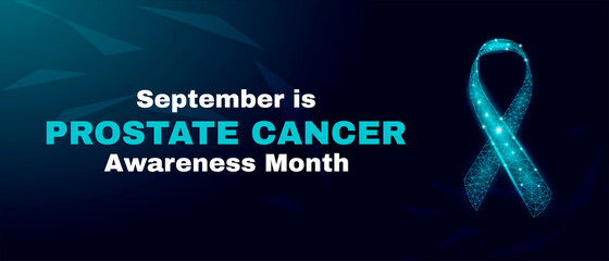 Prostate Cancer Awareness Month concept. Banner template with glowing  low poly light blue ribbon awareness. Futuristic modern abstract. Isolated on dark background. Vector illustration.
