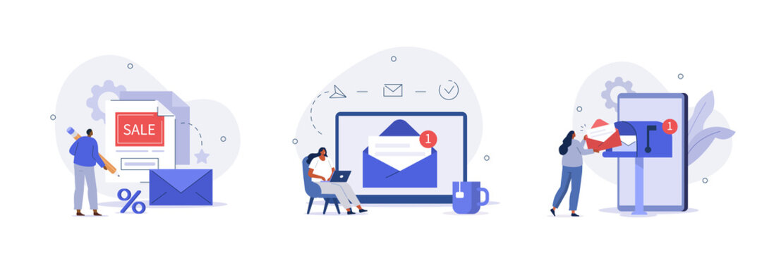 
E-mail marketing and promotion scenes. Characters sending advertising mails and promotional offers with sales and discounts. Ecommerce business concept. Flat cartoon vector illustration and icons set