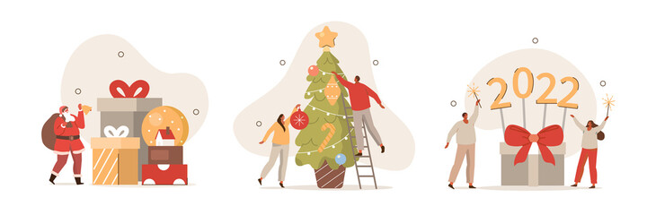 People celebrating New Year. Woman, man and Santa Claus characters decorating Christmas tree, packing gifts boxes and preparing to holidays. Flat cartoon vector illustration and icons set.