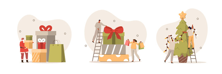 People celebrating New Year. Woman, man and Santa Claus characters decorating Christmas tree, packing gifts boxes and preparing to holidays. Isolated cartoon vector illustration and icons set.