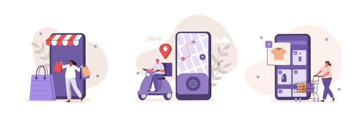 Online buying and delivery scenes. Courier on scooter delivering parcel box, customer ordering online in mobile app. Ecommerce and logistic concept. Flat cartoon vector illustration and icons set.