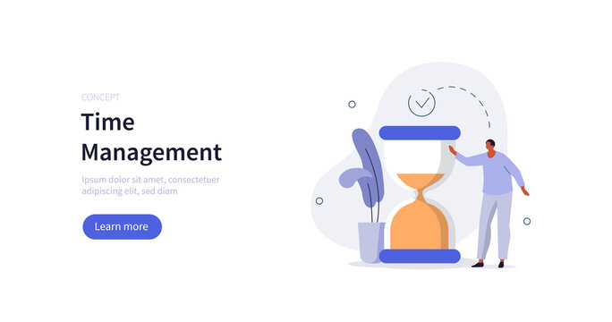 Character looking at hourglass and trying to managing and organizing work and life time. Time management concept. Flat cartoon vector illustration isolated.