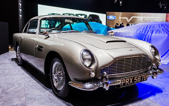1964 Aston Martin DB5 classic sports car showcased at the Geneva International Motor Show. 