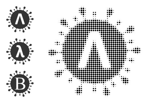 Halftone Lambda coronavirus strain. Dotted Lambda coronavirus strain generated with small round dots. Vector illustration of Lambda coronavirus strain icon on a white background.