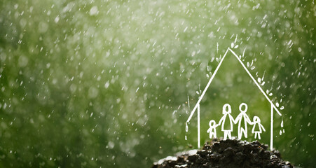Family in the house in the rain Insurance concept