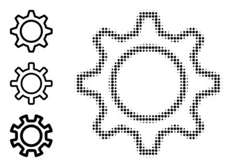 Halftone contour gear. Dotted contour gear constructed with small circle elements. Vector illustration of contour gear icon on a white background. Halftone array contains circle elements.