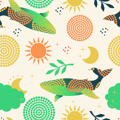 Creative cute whale. Trendy seamless patterns with marine life for modern textiles, fabrics, decorative pillows. Vector.