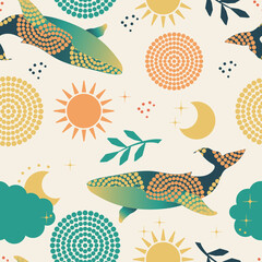Creative cute whale. Trendy seamless patterns with marine life for modern textiles, fabrics, decorative pillows. 