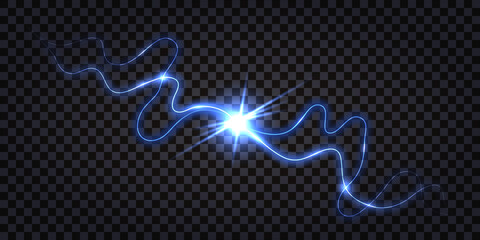 Electric discharge shock effect, dynamic blue impulse waves with light burst glow. Lightning thunder bolt isolated, swirl wire cables. Electricity, technology, power and energy. Vector illustration.