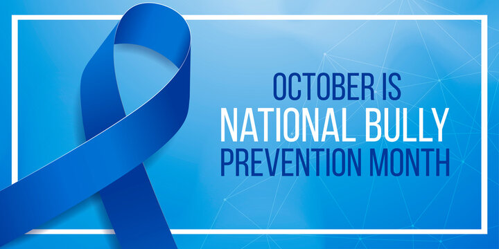 National Bully Prevention Month Concept. Banner Template With Blue Ribbon Awareness And Text. Vector Illustration.