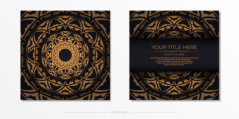 Black color postcard design with orange ornament. Invitation card design with space for your text and abstract patterns.