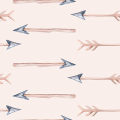 Seamless pattern of colored feathers and romantic arrows painted with watercolors on a white background