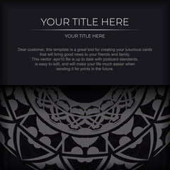 Template for print design postcard black color with orange patterns. Preparing an invitation with a place for your text and abstract ornament.