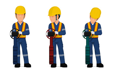 set of worker is operating butterfly valve on white background