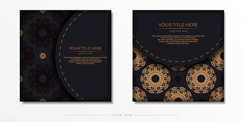 Invitation card template with place for your text and abstract ornament. Vector design of postcard in black color with orange ornament.