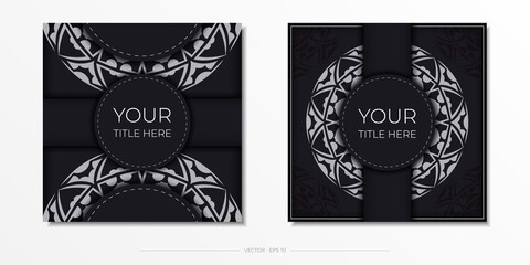 Vector invitation card with place for your text and abstract ornament. Black color postcard design with orange patterns.