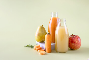 Fresh juices from pears, apples and carrots. Vegetarian food