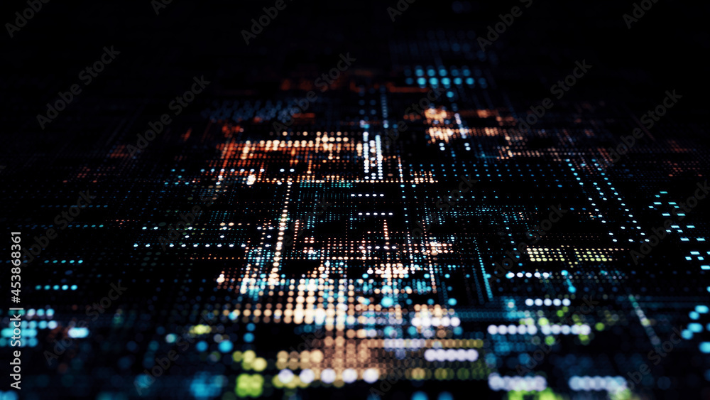 Poster Printed circuit board futuristic server/3d illustration. Code processing in circuit board abstract server. Data moves in the form of moving lines and dots.