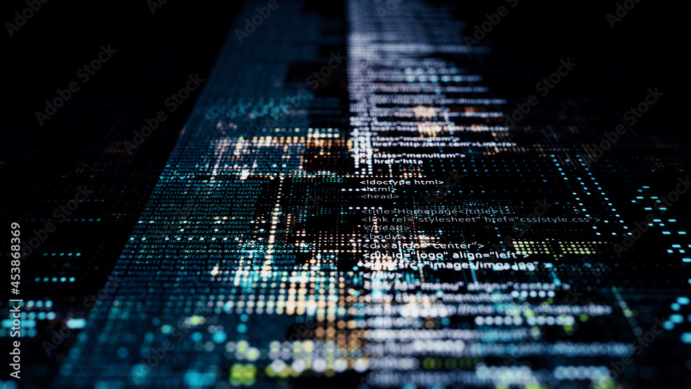 Aufkleber Printed circuit board futuristic server/3d illustration. Html Code processing in circuit board abstract server. Data moves in the form of  dots and moving lines. 
