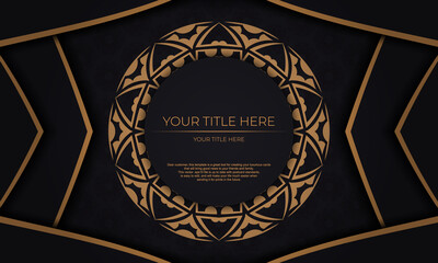 Black vector background with luxury orange ornaments and place for your logo. Postcard design with Greek ornaments.