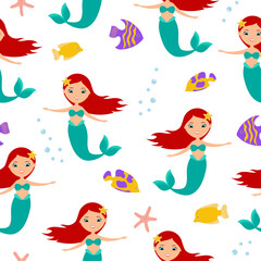 Cute mermaid, starfish and fishes seamless pattern on white background. Flat style design. 
