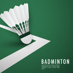 Shuttlecock on white line on green background badminton court indoor , Simple flat design style , illustration Vector EPS 10, can use for badminton  Championship Logo - obrazy, fototapety, plakaty