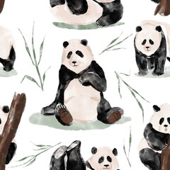 Seamless pattern with panda and bamboo on a white background, digital watercolour illustration 