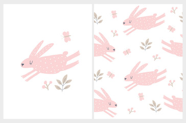 Cute Hand Drawn Nursery Vector Art and Pattern with Jumping Bunnies. Lovely Prints with Pink Rabbits, Butterflies and Flowers on a White Background. Funny Infantile Style Easter Card.  