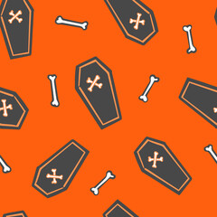 All over Halloween seamless vector repeat pattern with tossed black coffins and bones on orange background. Simple and sophisticated 4 way Halloween backdrop