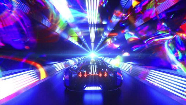 The car rushes at high speed through an endless neon technology tunnel. Futuristic concept. 3d Animation of seamless loop