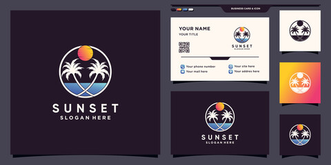 Sunset beach logo with palm tree circle concept and business card design Premium Vector