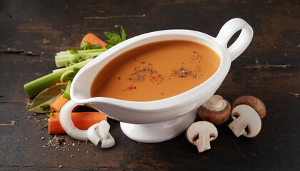 Gravy boat with vegetable and champignon sauce